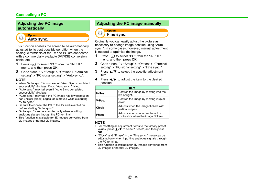Sharp LC-70LE836S, LC-70LE836E Adjusting the PC image automatically, Auto sync, Adjusting the PC image manually, Fine sync 