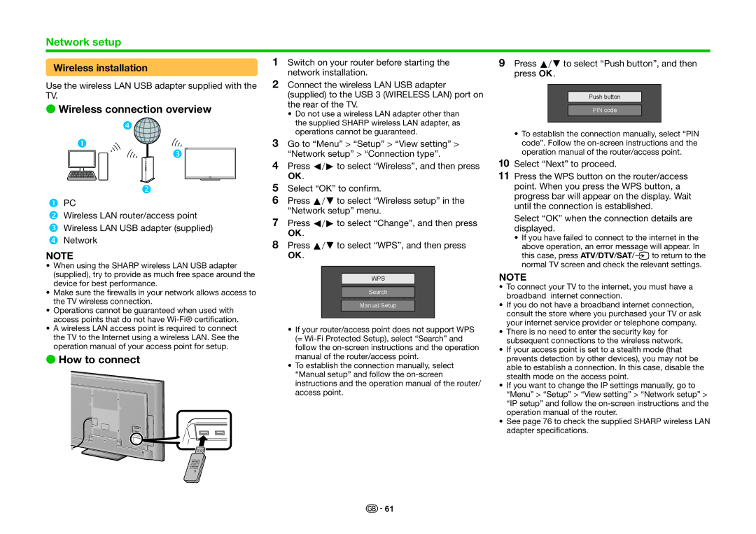 Sharp LC-70LE835E Wireless connection overview, Wireless installation, Press a/bto select Push button, and then press 