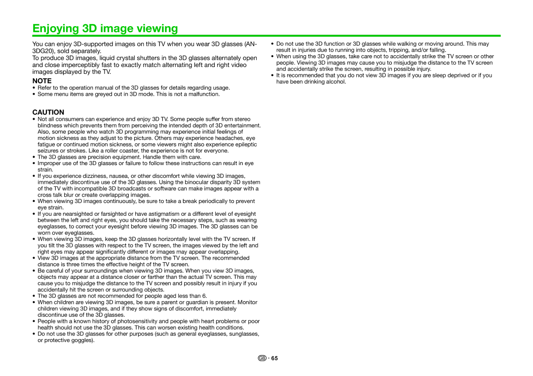 Sharp LC-70LE835E, LC-70LE835RU, LC-70LE836E, LC-70LE836S operation manual Enjoying 3D image viewing 