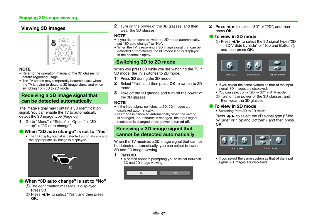 Sharp LC-70LE836E, LC-70LE835RU, LC-70LE836S Viewing 3D images, Switching 3D to 2D mode, Receiving a 3D image signal that 