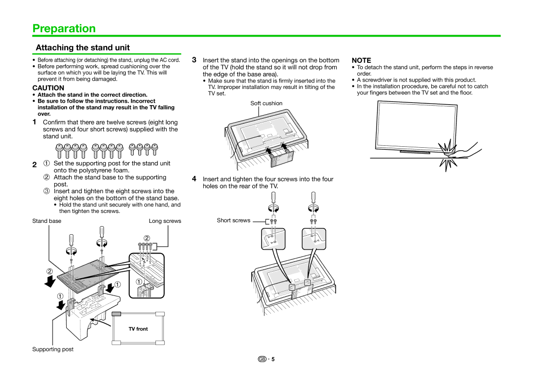 Sharp LC-70LE835E, LC-70LE835RU, LC-70LE836E, LC-70LE836S operation manual Preparation, Attaching the stand unit 