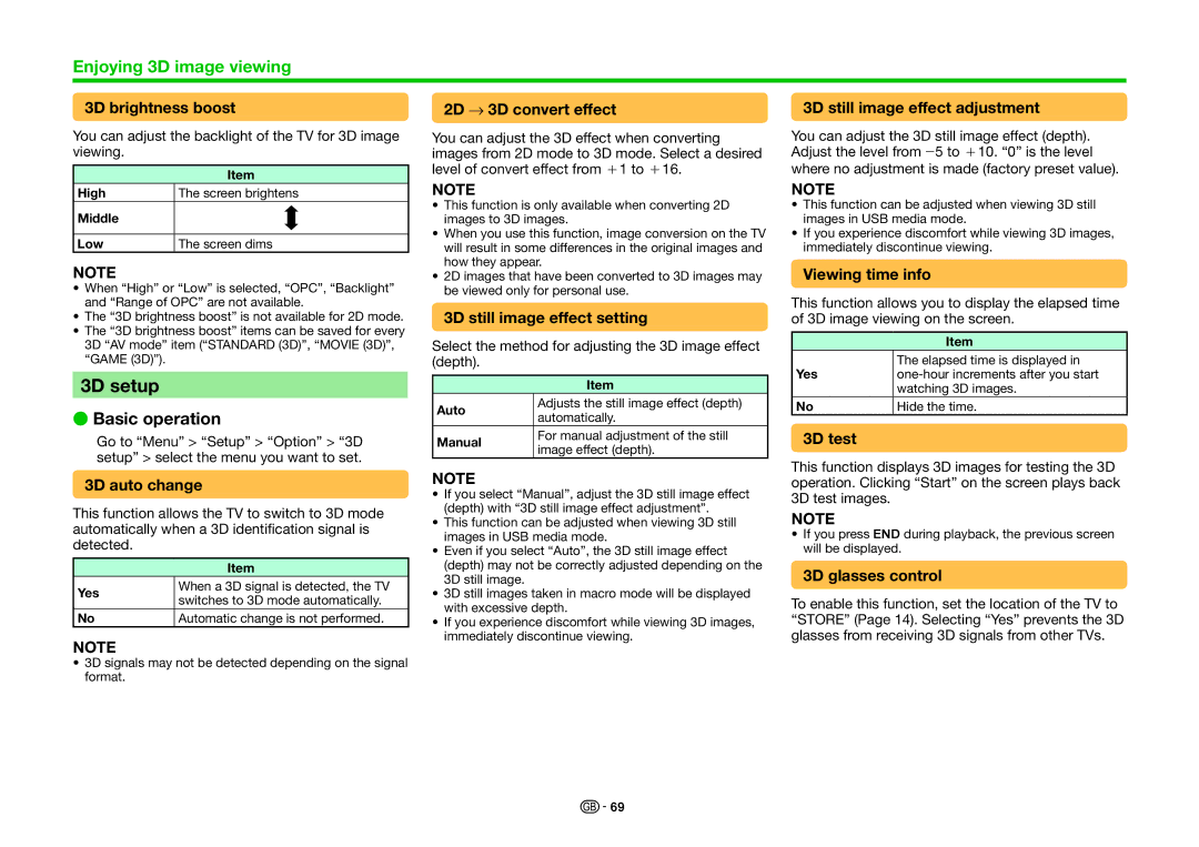 Sharp LC-70LE835E, LC-70LE835RU, LC-70LE836E, LC-70LE836S operation manual 3D setup 