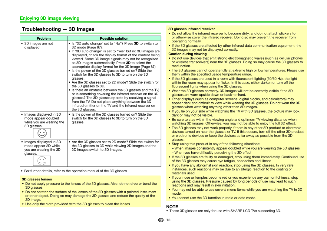 Sharp LC-70LE835RU Troubleshooting 3D Images, Problem Possible solution, 3D glasses lenses, 3D glasses infrared receiver 
