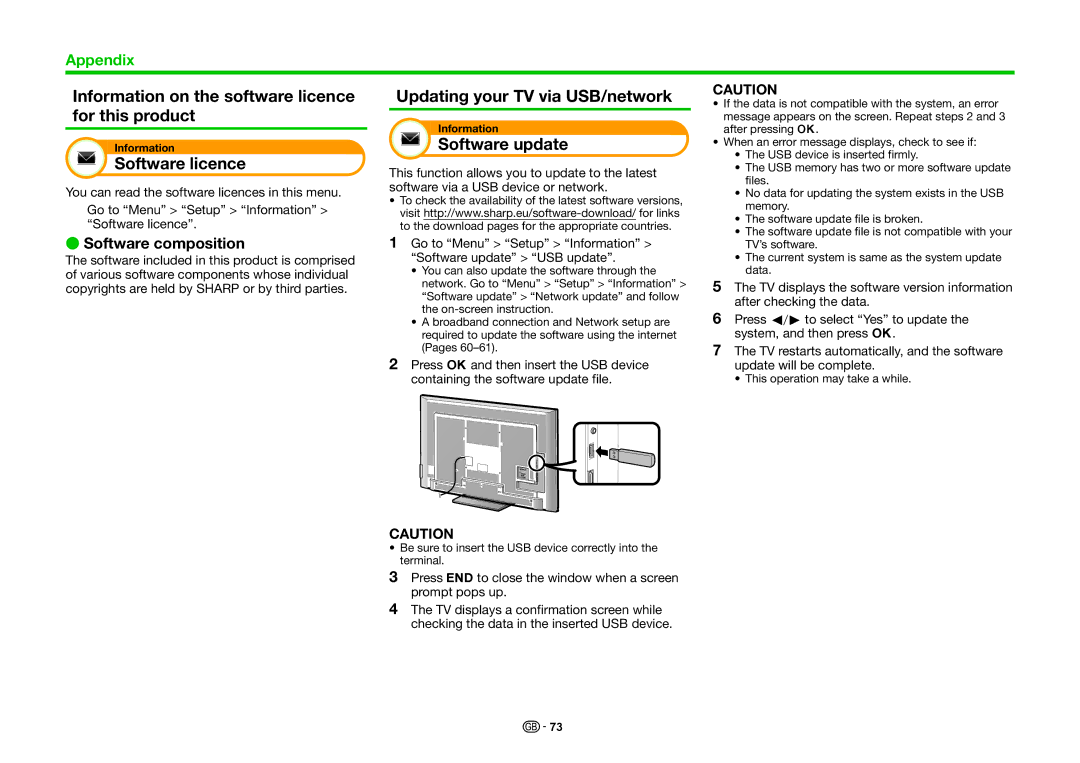 Sharp LC-70LE835E Information on the software licence for this product, Software licence, Updating your TV via USB/network 