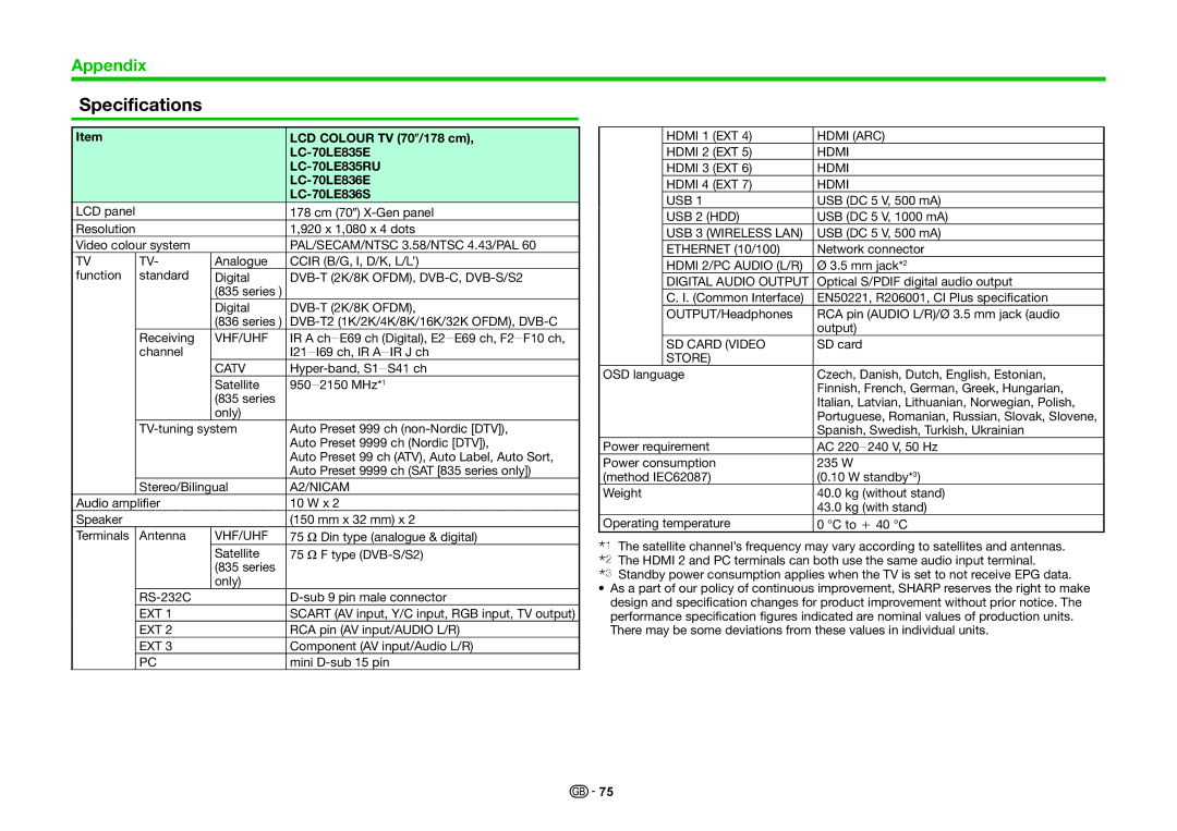 Sharp LC-70LE836E, LC-70LE835RU, LC-70LE836S, LC-70LE835E operation manual Specifications 