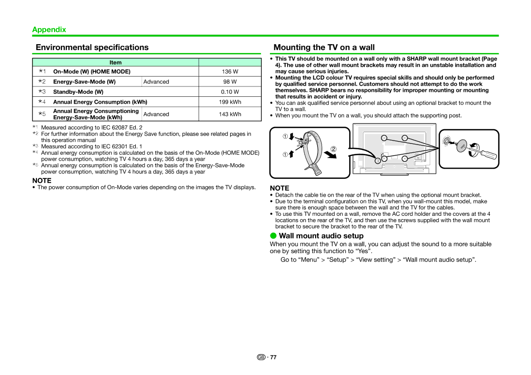 Sharp LC-70LE835E Environmental specifications, Mounting the TV on a wall, Wall mount audio setup, Energy-Save-Mode kWh 