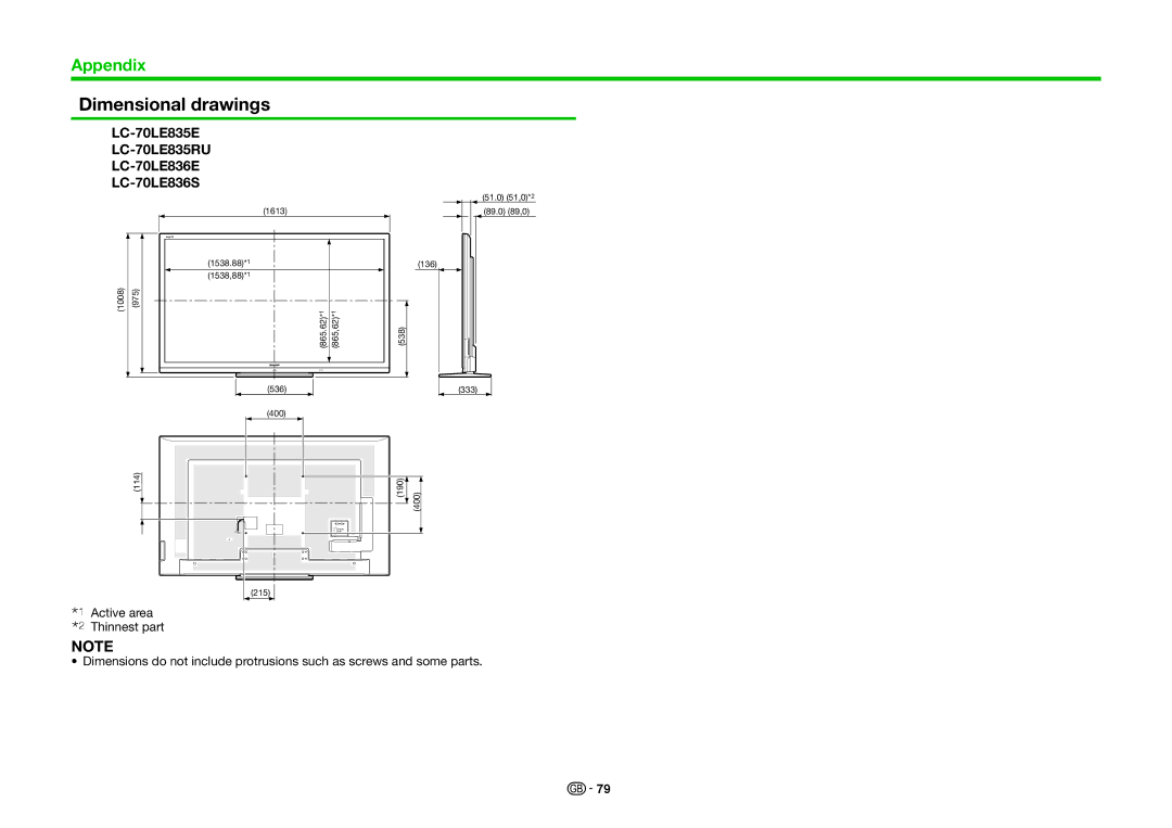 Sharp operation manual Dimensional drawings, LC-70LE835E LC-70LE835RU LC-70LE836E LC-70LE836S 