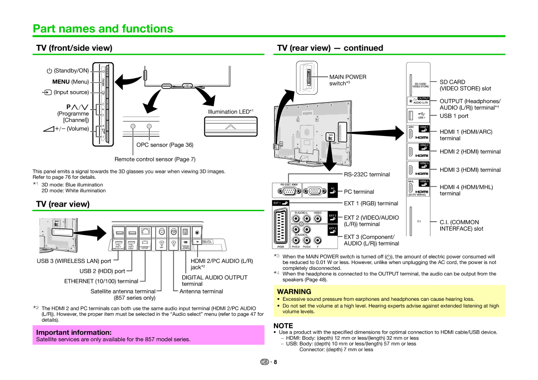 Sharp LC-60LE857E, LC-70LE858E Part names and functions, TV front/side view TV rear view, Important information 