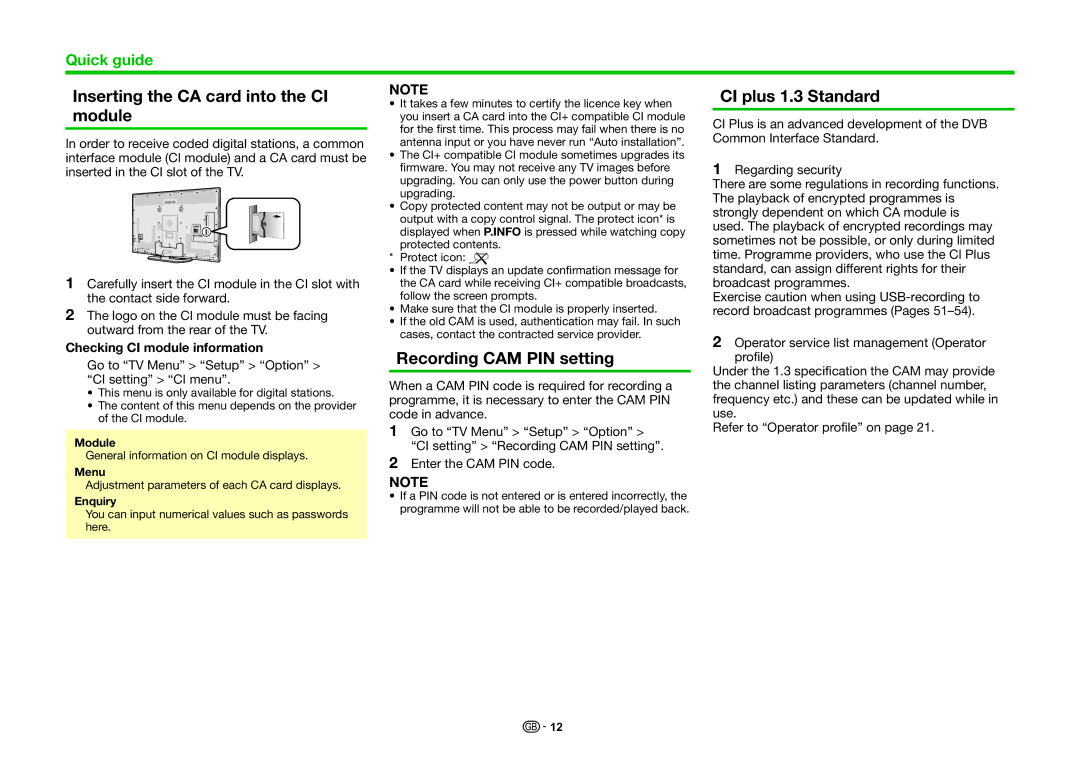 Sharp LC-80LE857E, LC-70LE858E Inserting the CA card into the CI module, Recording CAM PIN setting, CI plus 1.3 Standard 