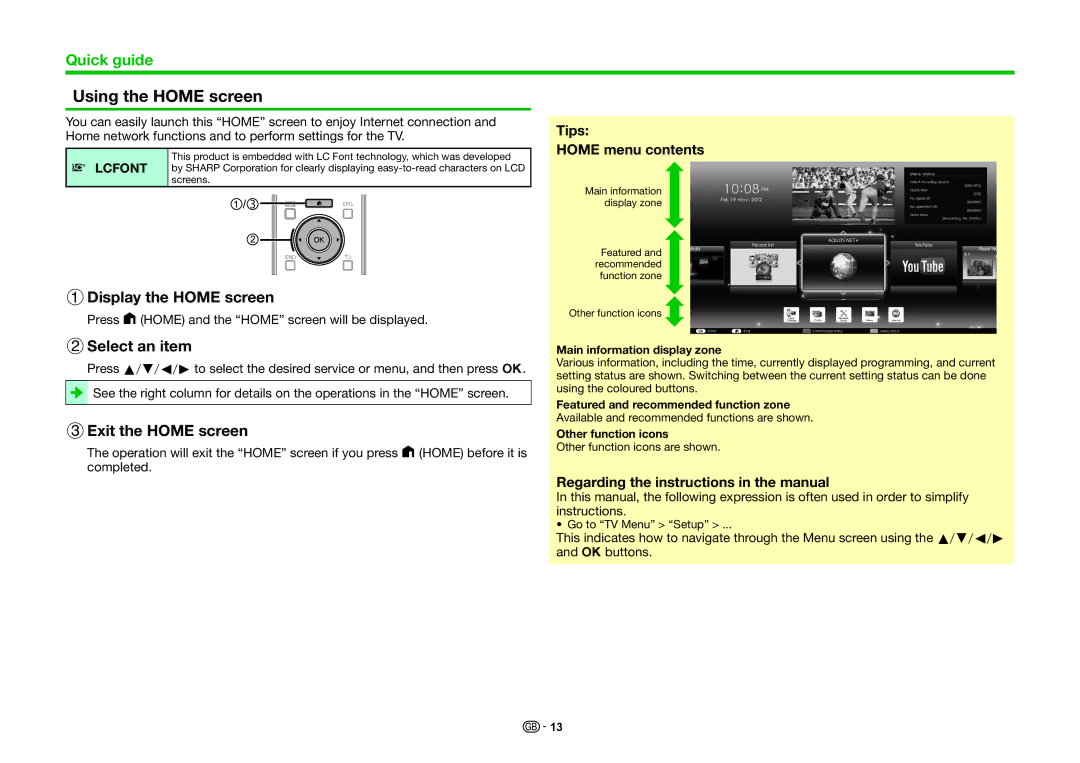 Sharp LC-80LE857KN, LC-70LE858E Using the Home screen, 1Display the Home screen, 2Select an item, 3Exit the Home screen 