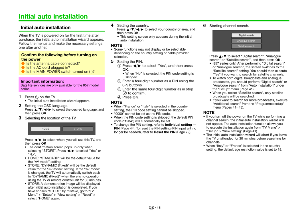 Sharp LC-70LE857E, LC-70LE858E, LC-70LE857KN Initial auto installation, Confirm the following before turning on the power 