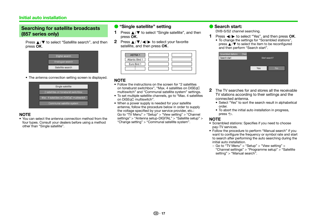 Sharp LC-70LE857EN, LC-70LE858E Searching for satellite broadcasts, Series only, Single satellite setting Search start 