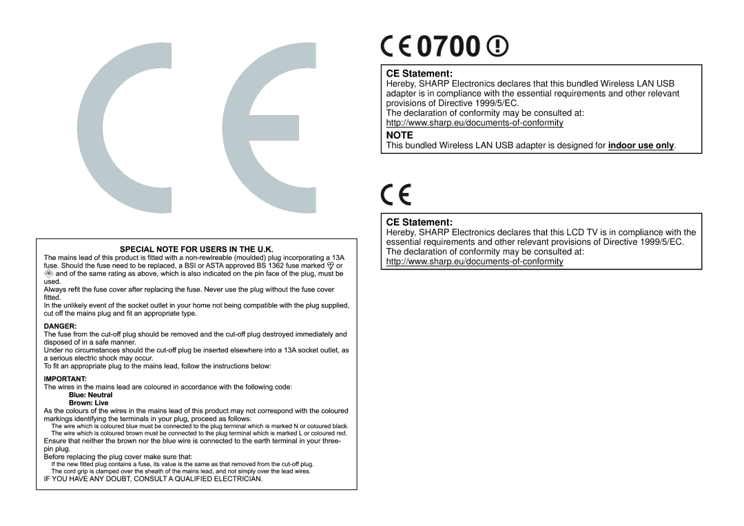 Sharp LC-70LE857KN, LC-70LE858E, LC-70LE857EN, LC-70LE857RU, LC-60LE857EN, LC-60LE855KN, LC-60LE858E CE Statement 