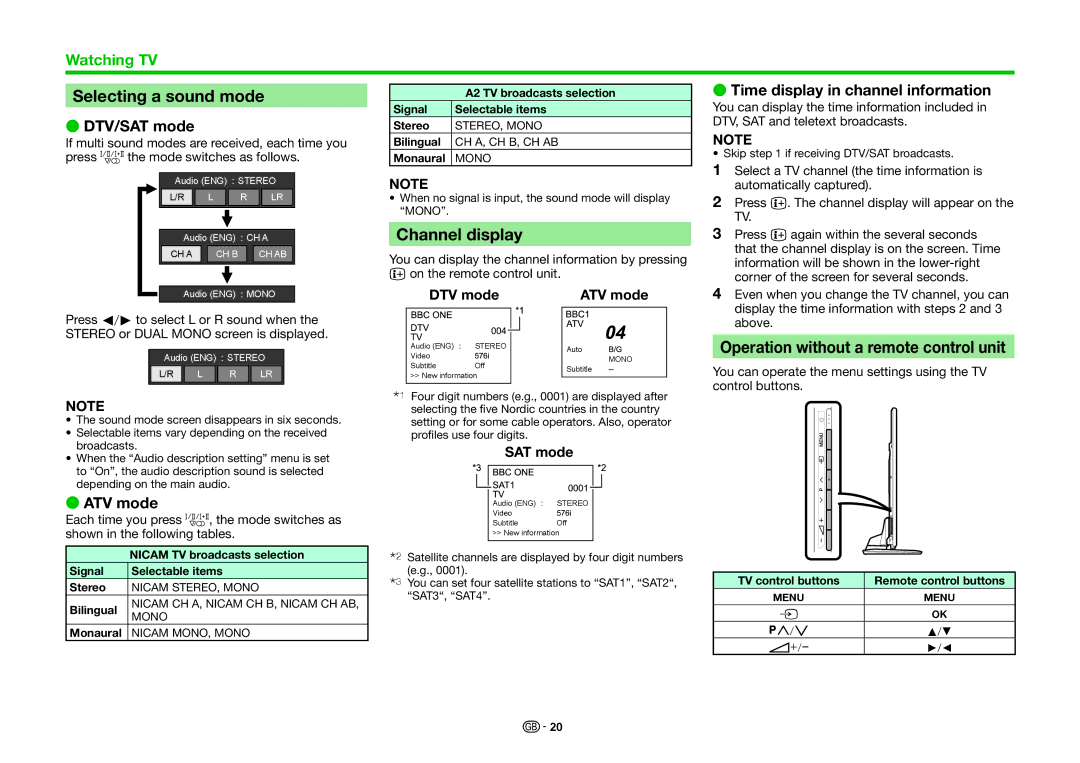 Sharp LC-60LE855KN, LC-70LE858E Selecting a sound mode, Channel display, Operation without a remote control unit 