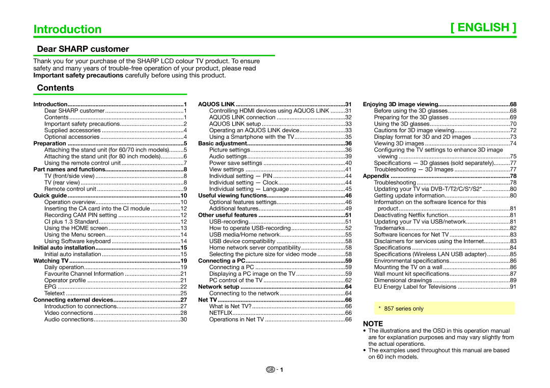 Sharp LC-70LE857EN, LC-70LE858E, LC-70LE857KN, LC-70LE857RU, LC-60LE857EN Introduction, Dear Sharp customer, Contents 