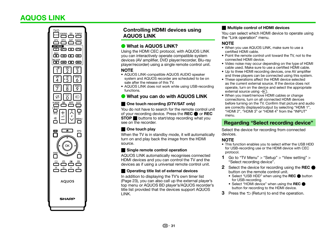 Sharp LC-70LE857E, LC-70LE858E Controlling Hdmi devices using, Regarding Select recording device, What is Aquos LINK? 