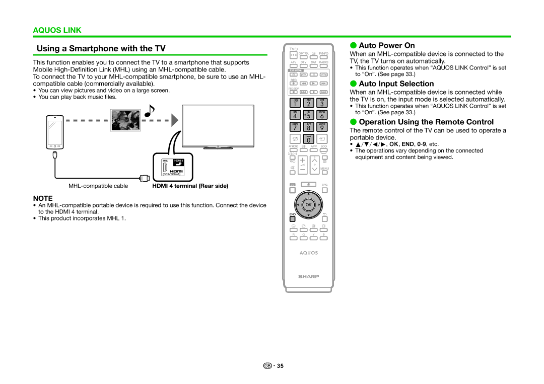 Sharp LC-60LE857EN Using a Smartphone with the TV, Auto Power On, Auto Input Selection, Operation Using the Remote Control 