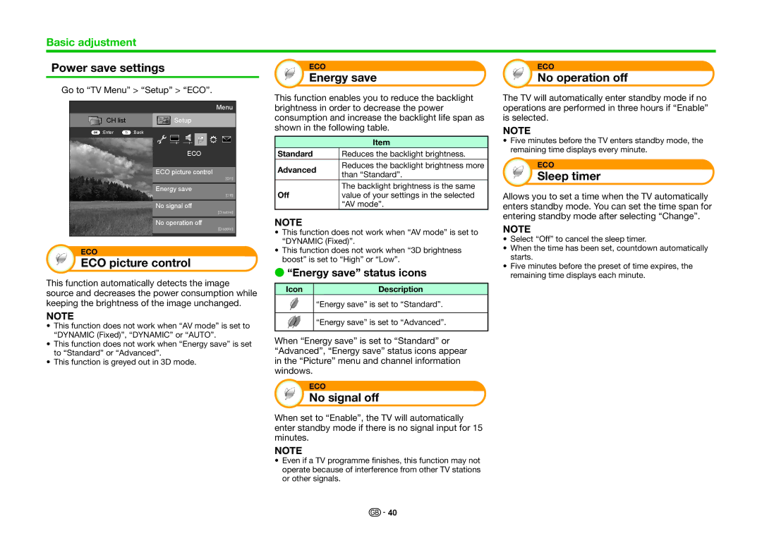 Sharp LC-60LE857E Power save settings, ECO picture control, Energy save, No signal off, No operation off, Sleep timer 