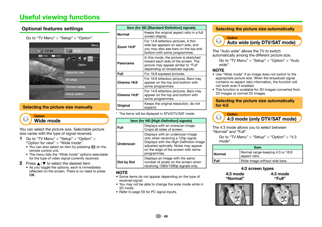 Sharp LC-70LE858E Useful viewing functions, Optional features settings, Wide mode, Auto wide only DTV/SAT mode 