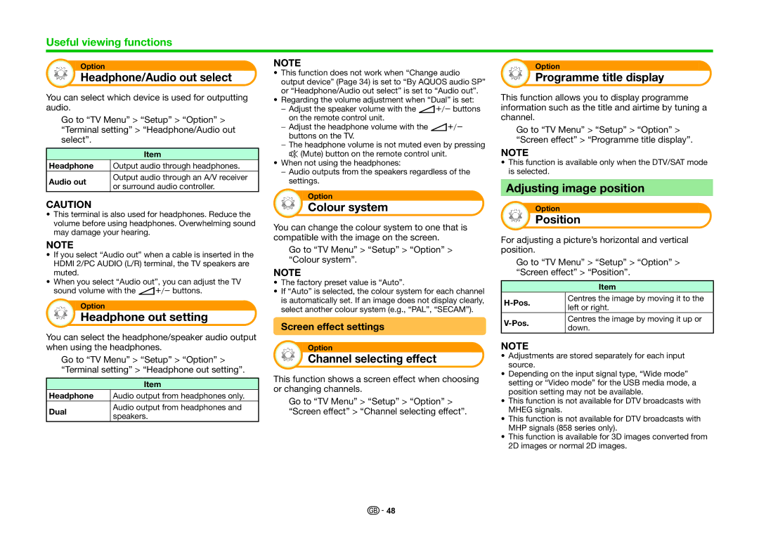 Sharp LC-70LE857KN Headphone/Audio out select, Headphone out setting, Colour system, Channel selecting effect, Position 