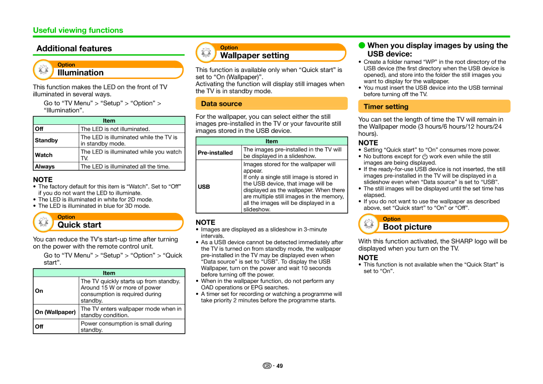 Sharp LC-70LE857EN, LC-70LE858E Additional features, Illumination, Wallpaper setting, Quick start, Boot picture 
