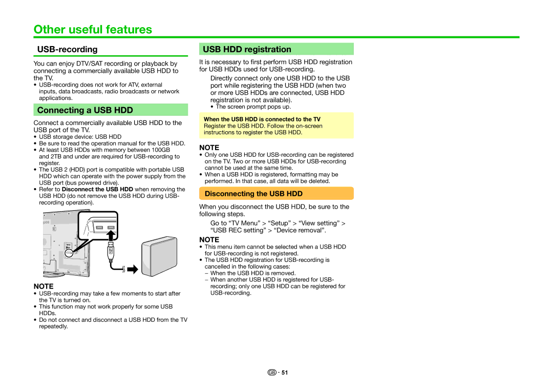 Sharp LC-60LE857EN, LC-70LE858E Other useful features, USB-recording, Connecting a USB HDD, USB HDD registration 