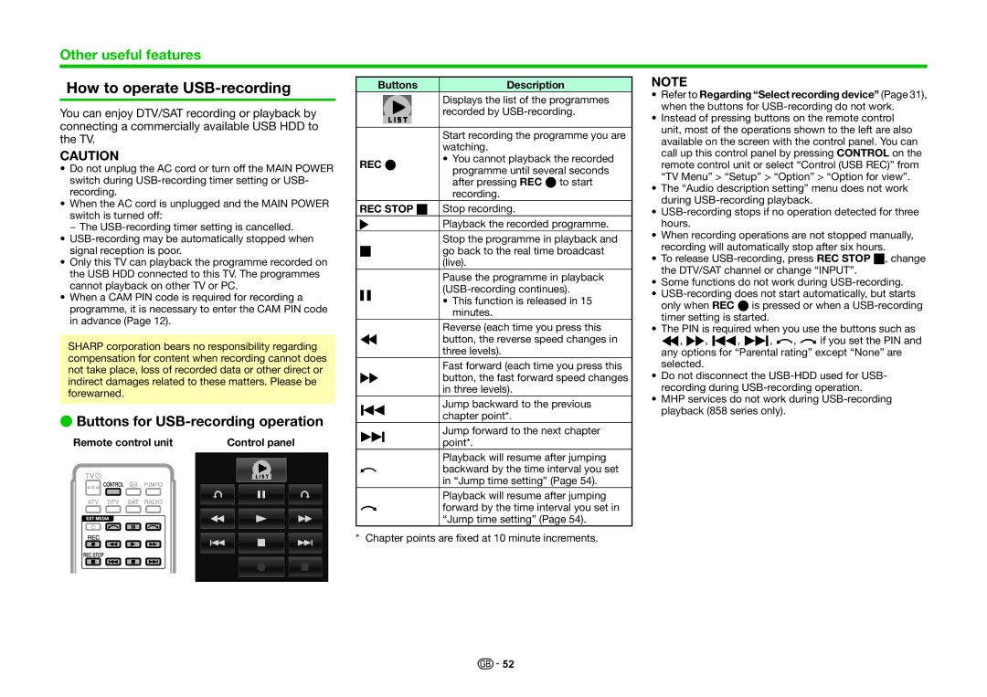 Sharp LC-60LE855KN, LC-70LE858E How to operate USB-recording, Buttons for USB-recording operation, Rec E, REC Stop H 