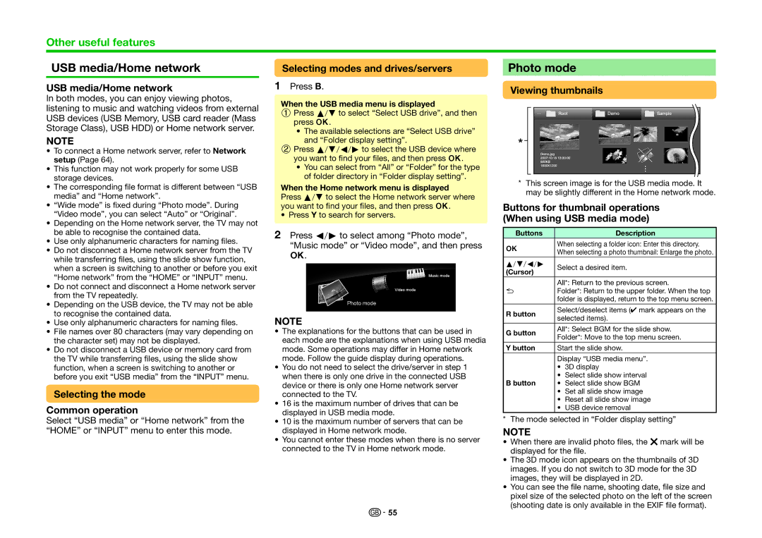 Sharp LC-60LE855E, LC-70LE858E, LC-70LE857KN, LC-70LE857EN, LC-70LE857RU, LC-60LE857EN USB media/Home network, Photo mode 