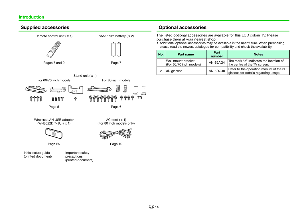 Sharp LC-60LE855KN, LC-70LE858E, LC-70LE857E, LC-70LE857KN Supplied accessories Optional accessories, Part name, Number 