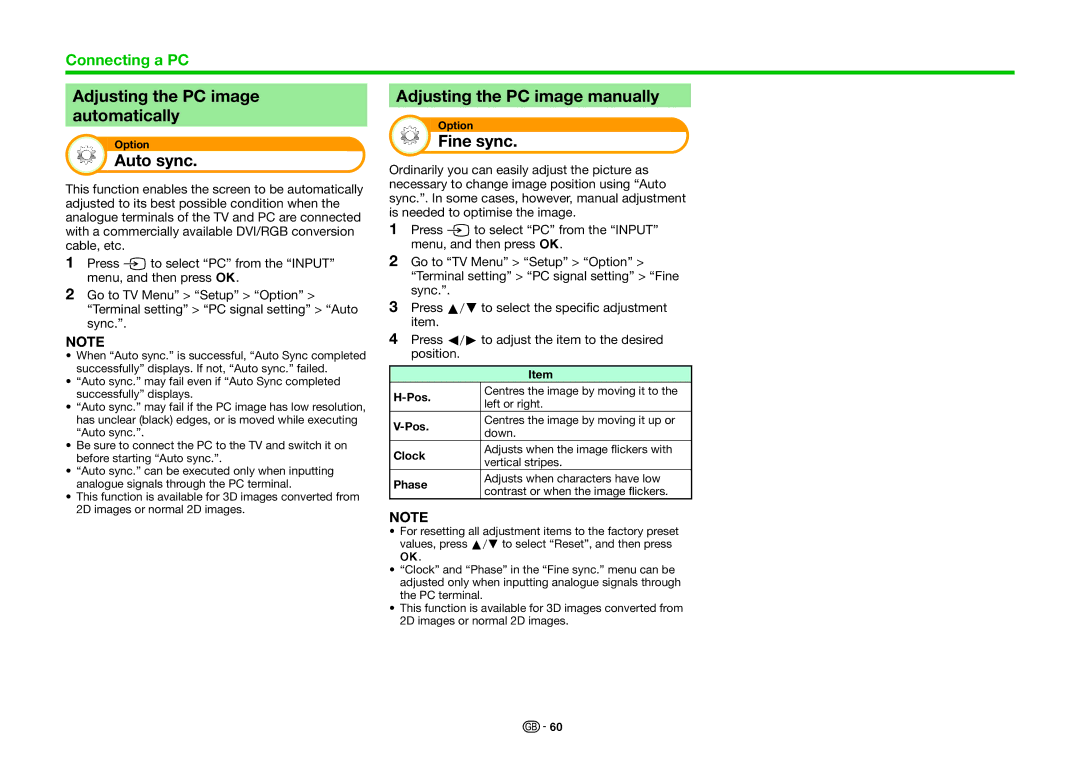 Sharp LC-80LE857E, LC-70LE858E Adjusting the PC image automatically, Auto sync, Adjusting the PC image manually, Fine sync 