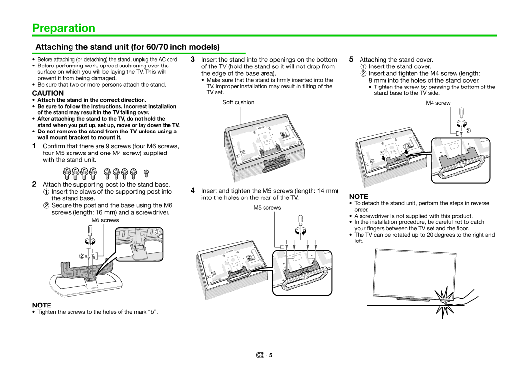 Sharp LC-60LE858E Preparation, Attaching the stand unit for 60/70 inch models, Mm into the holes of the stand cover 