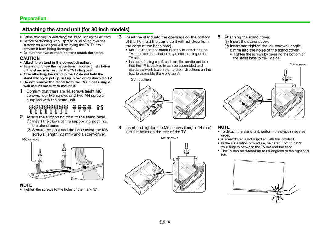 Sharp LC-60LE857RU, LC-70LE858E, LC-70LE857KN, LC-70LE857EN Stand may result in the TV falling over, M6 screws 