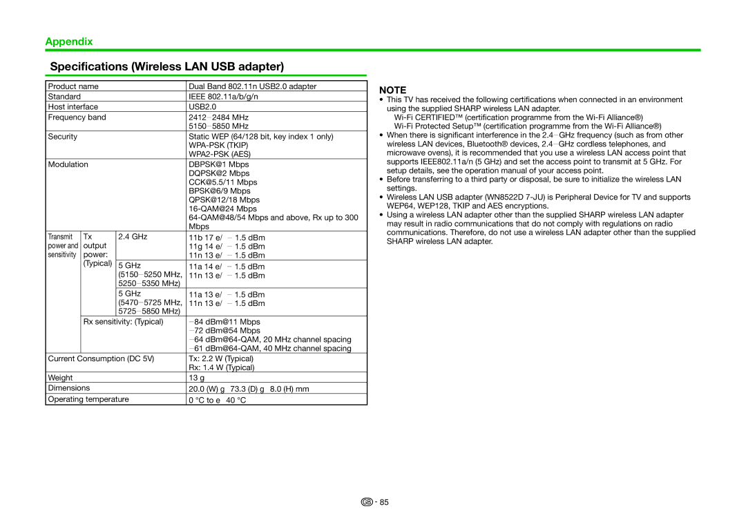 Sharp LC-60LE858E, LC-70LE858E, LC-70LE857KN, LC-70LE857EN Specifications Wireless LAN USB adapter, WPA2-PSK AES 