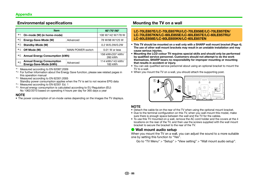 Sharp LC-60LE857RU Environmental specifications, Mounting the TV on a wall, Wall mount audio setup, 60o/70o/80o 