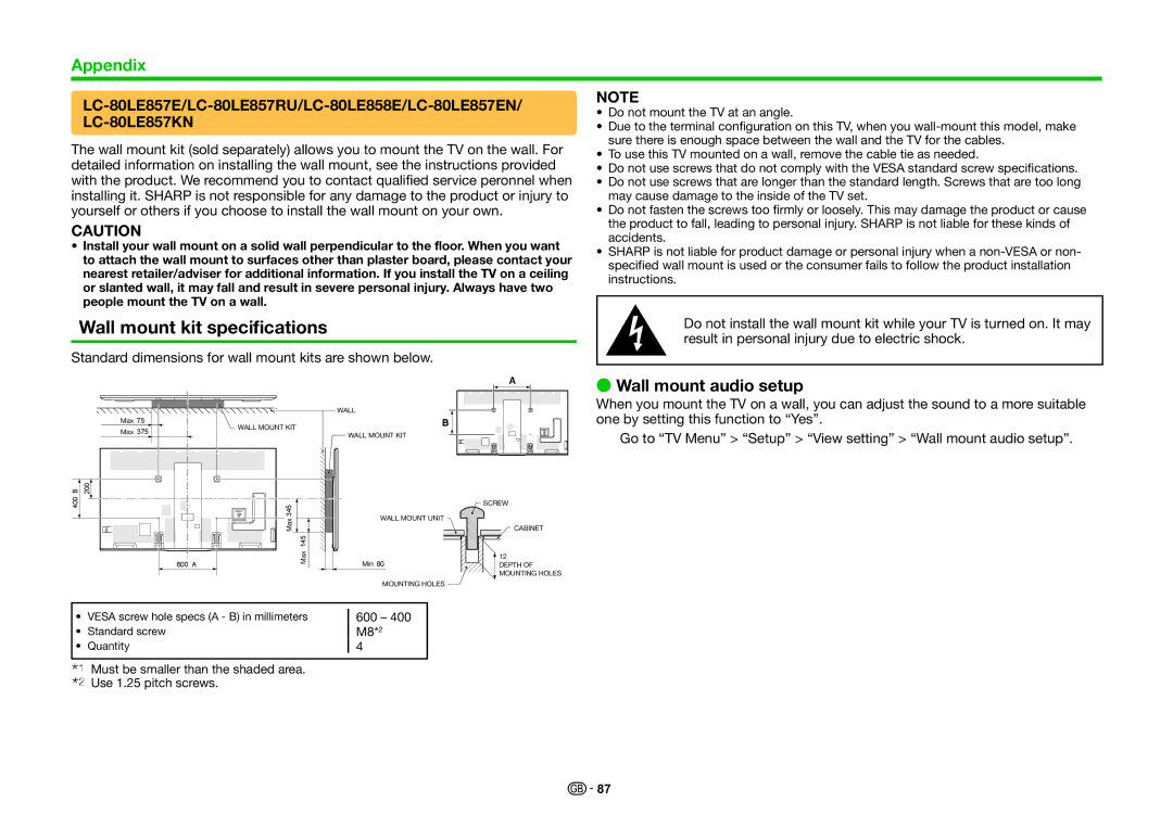 Sharp LC-60LE855E, LC-70LE858E, LC-70LE857KN, LC-70LE857EN, LC-70LE857RU, LC-60LE857EN Wall mount kit specifications 