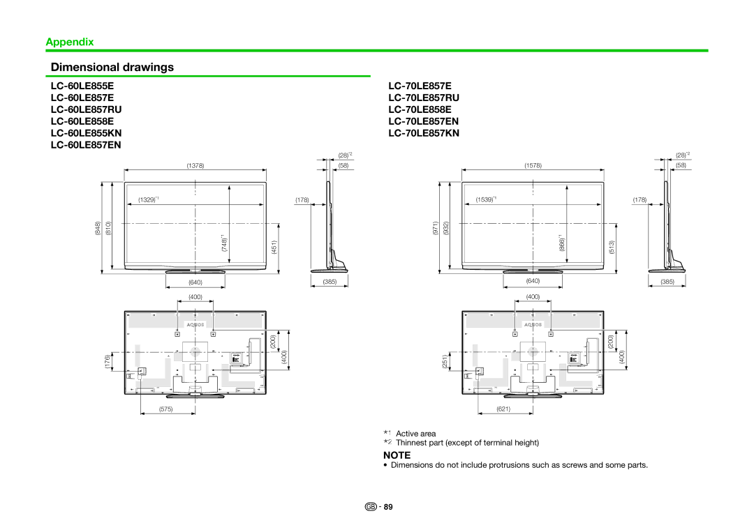 Sharp LC-80LE858E, LC-70LE858E, LC-70LE857KN, LC-70LE857EN, LC-70LE857RU, LC-60LE857EN, LC-60LE855KN Dimensional drawings 