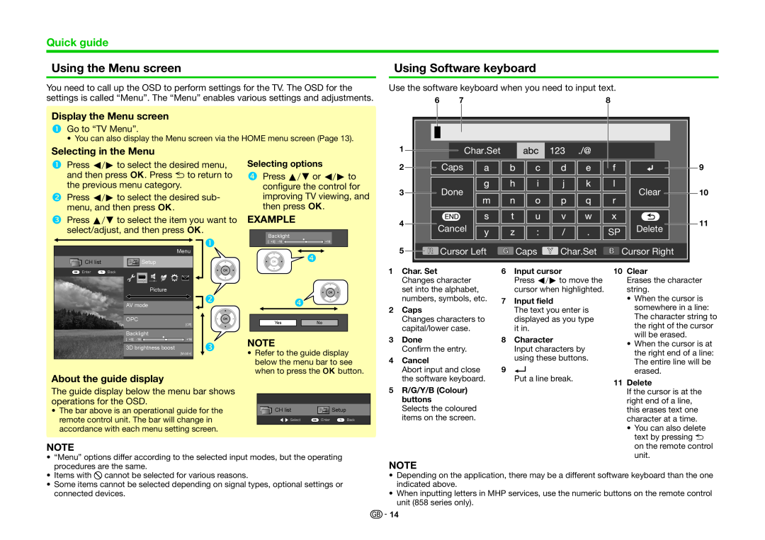 Sharp LC-70LE858E Using the Menu screen, Using Software keyboard, Display the Menu screen, Selecting in the Menu, Example 