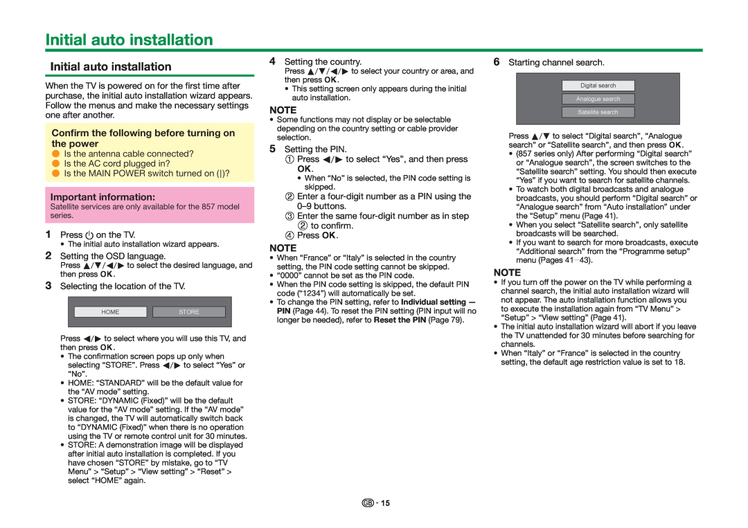Sharp LC-70LE857E Initial auto installation, Confirm the following before turning on the power, Important information 
