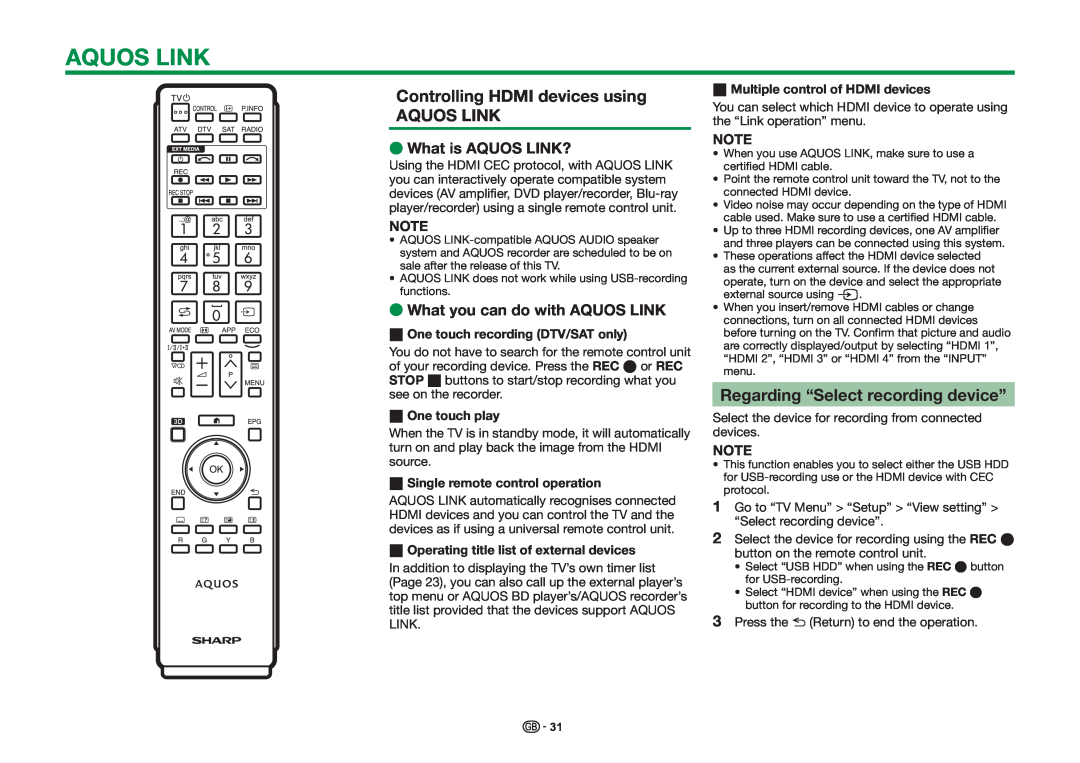 Sharp LC-70LE857E, LC-70LE858E Aquos Link, Controlling HDMI devices using AQUOS LINK, Regarding “Select recording device” 