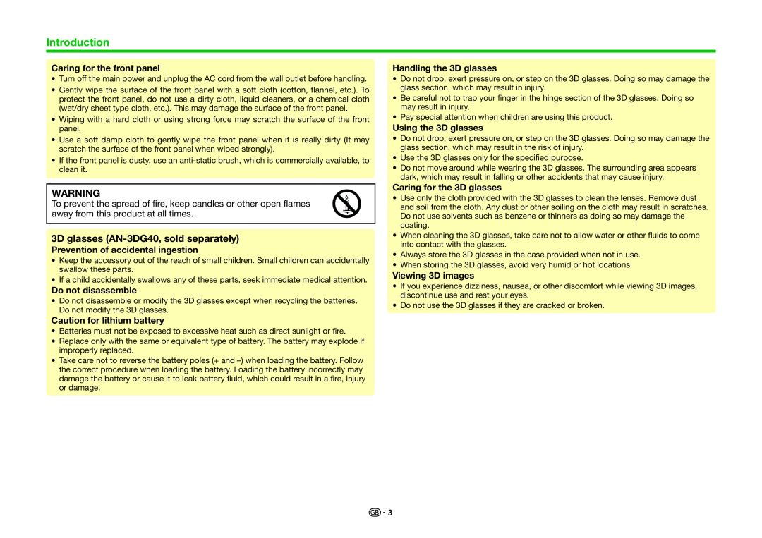 Sharp LC-60LE857EN 3D glasses AN-3DG40, sold separately, Caring for the front panel, Prevention of accidental ingestion 
