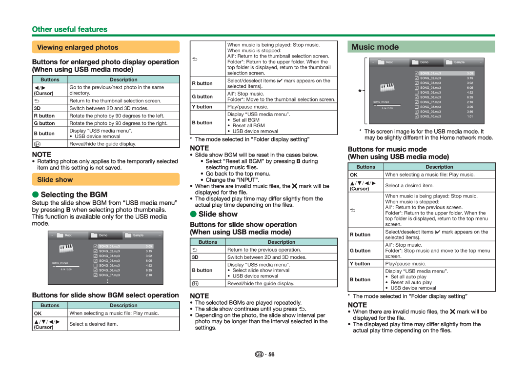 Sharp LC-60LE857E Music mode, E Selecting the BGM, E Slide show, Viewing enlarged photos, Other useful features 