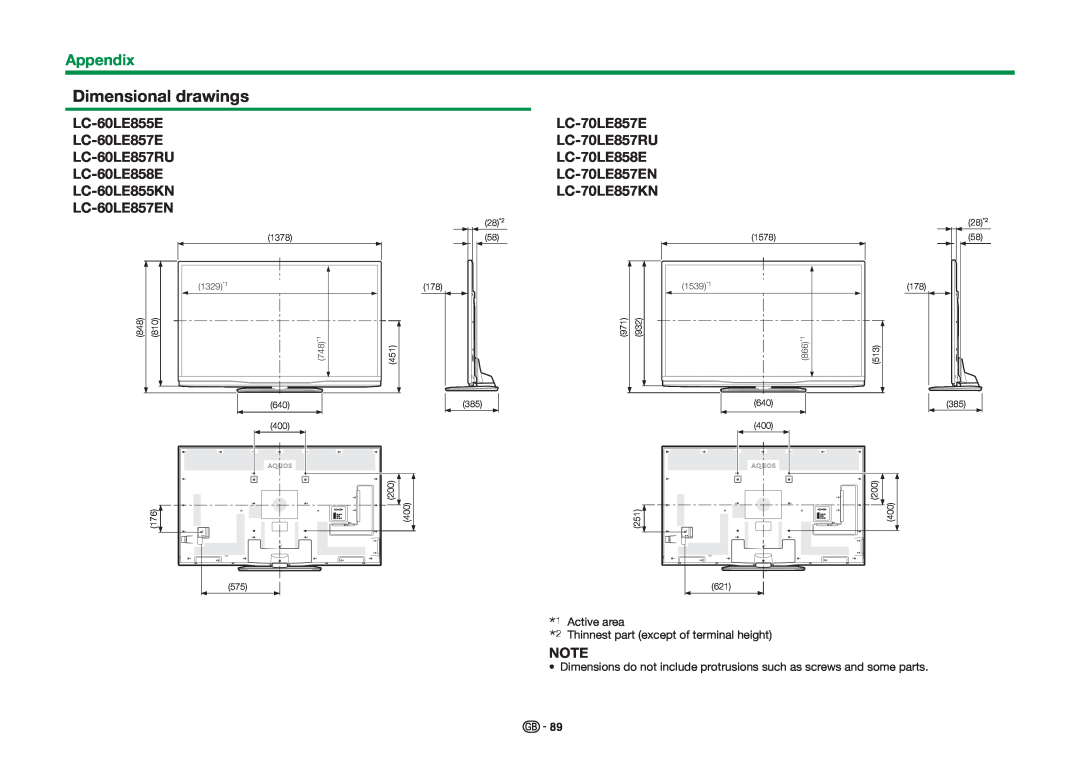 Sharp LC-80LE858E Dimensional drawings, LC-70LE857E LC-70LE857RU LC-70LE858E LC-70LE857EN LC-70LE857KN, Appendix 