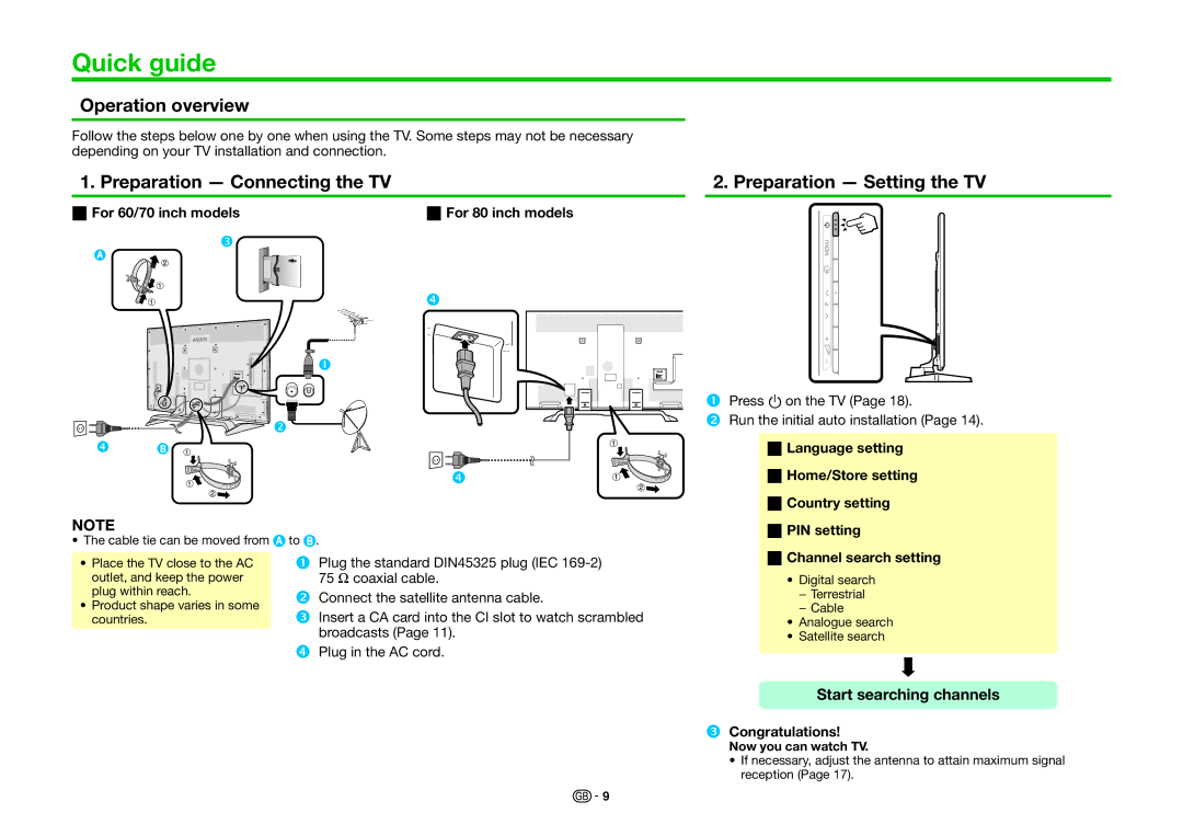 Sharp LC-80PRO10R, LC-70PRO10R Quick guide, Operation overview, Preparation Connecting the TV, Preparation Setting the TV 