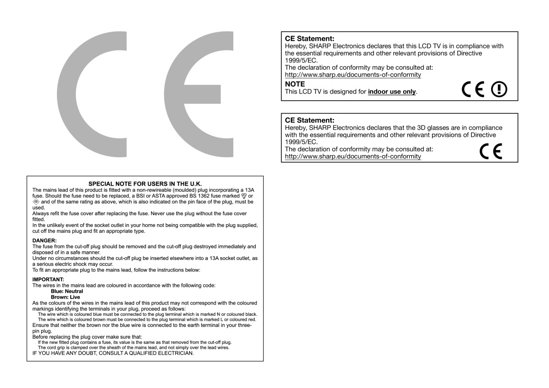 Sharp LC-80PRO10R, LC-70PRO10R, LC-60PRO10R operation manual CE Statement 