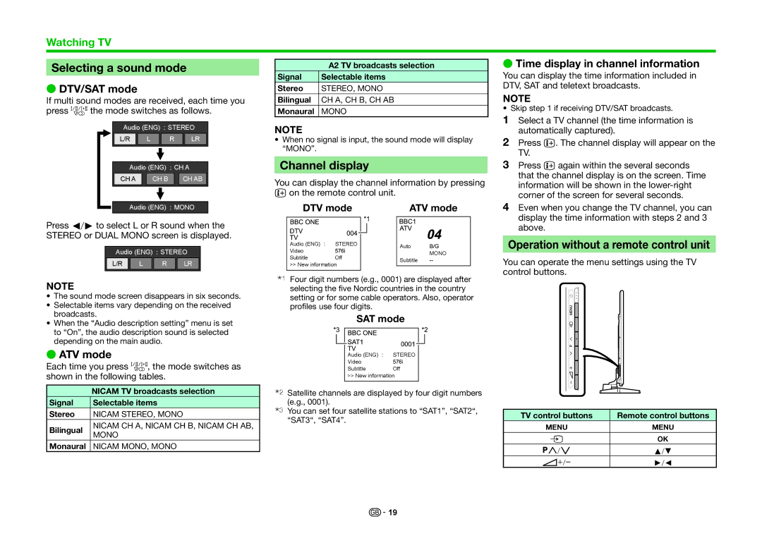 Sharp LC-70PRO10R, LC-60PRO10R, LC-80PRO10R operation manual Selecting a sound mode, Channel display 