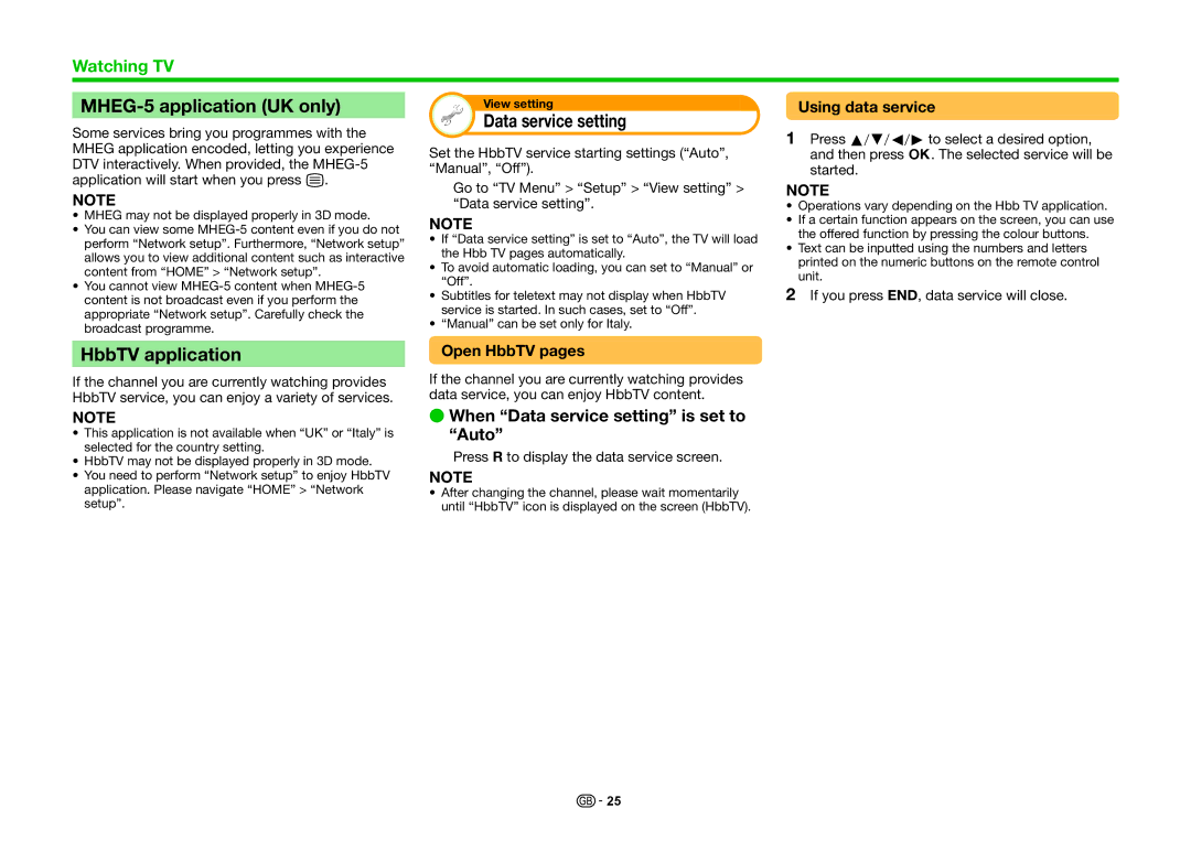 Sharp LC-70PRO10R, LC-60PRO10R MHEG-5 application UK only, HbbTV application, When Data service setting is set to Auto 