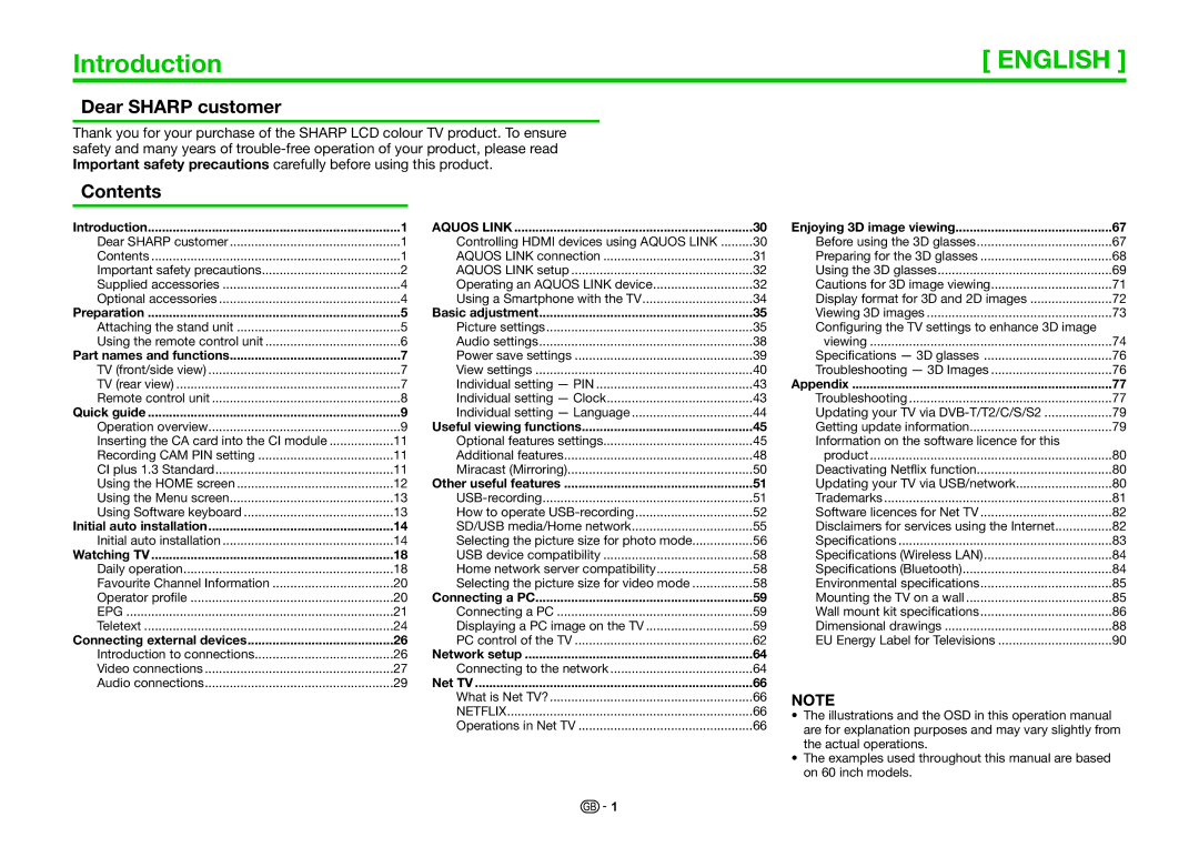 Sharp LC-70PRO10R, LC-60PRO10R, LC-80PRO10R operation manual Introduction, Dear Sharp customer, Contents 