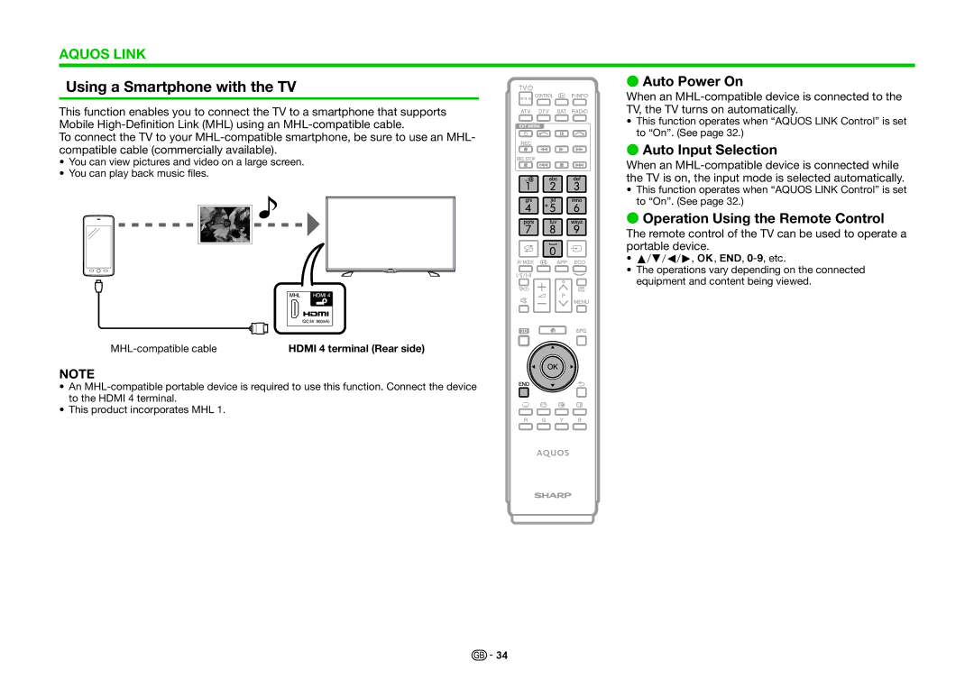 Sharp LC-70PRO10R Using a Smartphone with the TV, Auto Power On, Auto Input Selection, Operation Using the Remote Control 