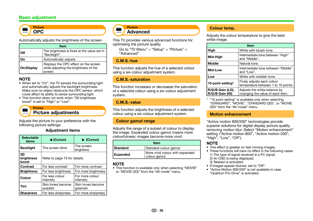 Sharp LC-80PRO10R, LC-70PRO10R, LC-60PRO10R operation manual Picture adjustments, Advanced 