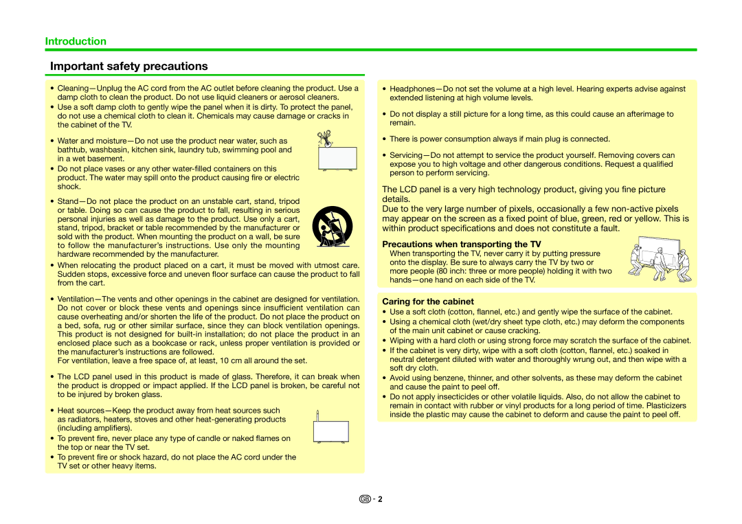 Sharp LC-60PRO10R, LC-70PRO10R Important safety precautions, Precautions when transporting the TV, Caring for the cabinet 